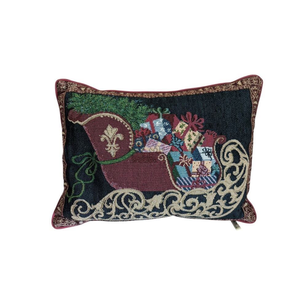 VTG Soft Impressions Tapestry Throw Pillow Christmas Santas Sleigh Burgundy Xmas